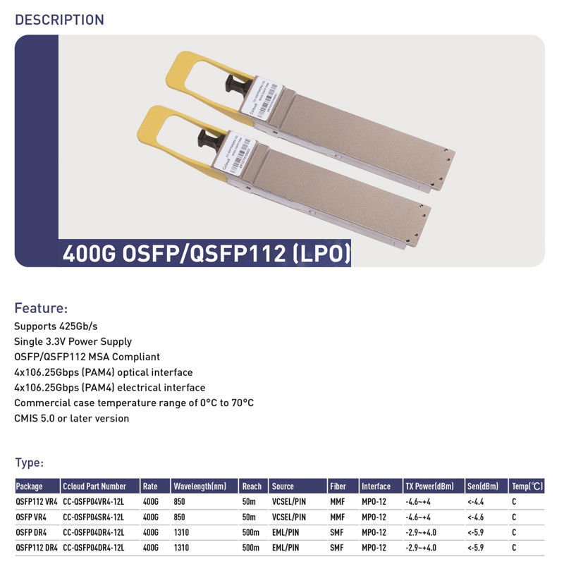 400G QSFP112 SR4 Hot-Plug Multimode Fiber Optic Transceiver 100m اتصال متبادل لمراكز البيانات والاتصالات المتبادلة البصرية