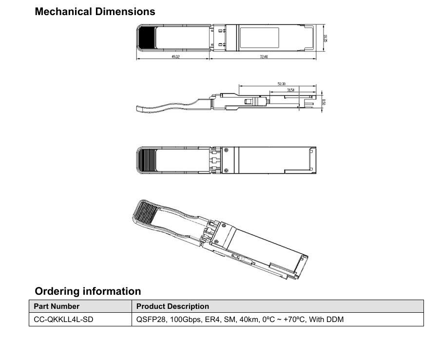 مصدر طاقة واحد 3.3 فولت 100GBase QSFP28 ER4 40KM معدات الألياف الضوئية المزدوجة LC وحدة جهاز الاستقبال الضوئي لمتطلباتك