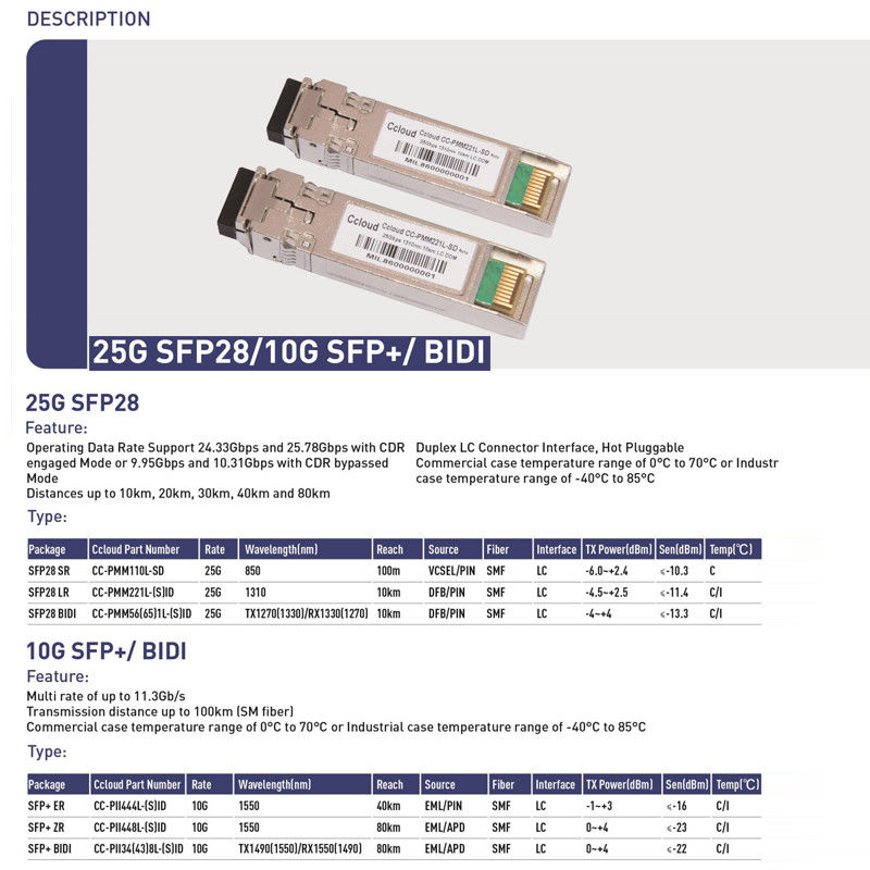 10km Single Mode Fiber 10G SFP Transceiver Module لشبكة اتصالات مركز البيانات متوافقة مع SFF-8431